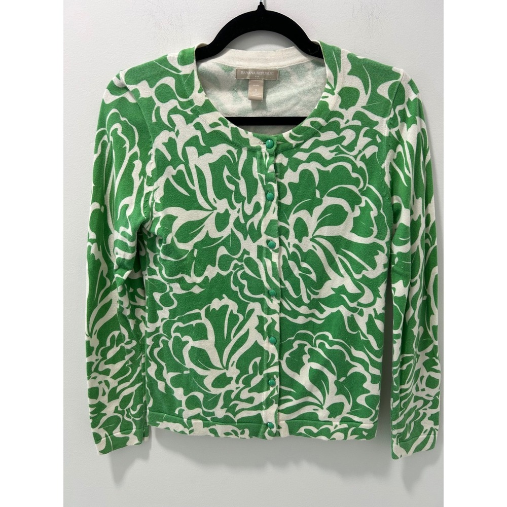 Banana Republic Green White Floral Cotton Cardigan Sweater Petite Small P S